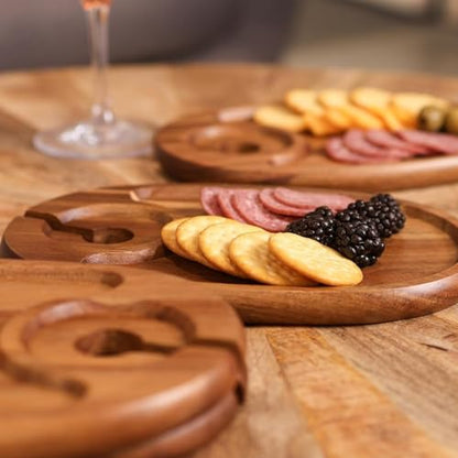 6-Piece Acacia Wood Wine Appetizer Plate Set with Wine Glass Slot 9 x 6 x 0.5 Inch Individual Charcuterie Boards Mini Cheese Board and Snack Tray for Parties Gifts