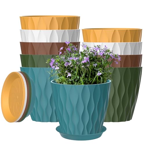 10 Pack 5 Inch Plant Pots with Drainage and Saucers, Multicolour Plastic Flower Pots for Indoor and Outdoor Plants, Stackable Nursery Planters for Houseplants and Herbs, Multicolour - color: Multicolour, size: 10 Pack 5 Inch