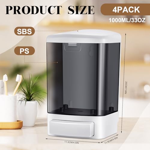 Hushee 4 Pcs Wall Mounted Soap Dispenser,33.8 Oz 1000 Ml,Black | Manual Press, 1000ml 33.8oz Capacity Clear Window, For Restaurant Bathroom Kitchen Hotel, Liquid Soap Shampoo Dispenser - color: Black, size: 33.8 oz 1000 ml