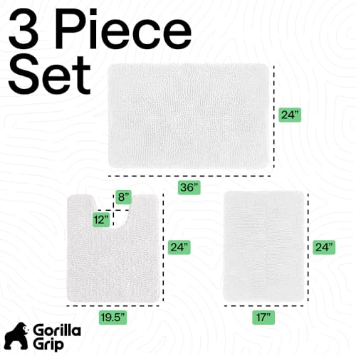 GORILLA GRIP Bathroom Rug Sets 3 Piece, Bath Mat Set and Oval Toilet Base with Rubber Backing, Plush Absorbent Shaggy Chenille Washable Mats, Includes 24x19.5, 24x17 and 36x24 Inch Rugs, White - color: White, style: 24"x19.5" + 24"x17" + 36"x24" - 3 Pack