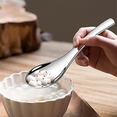 Stainless Steel Soup Spoons - 6 Inch Heavy Duty Asian Soup Spoon for Ramen, Rice, Tea, and Milk, Set of 4 Short Handle Ramen Spoons, Dishwasher Safe, Silver Chinese Table Spoon
