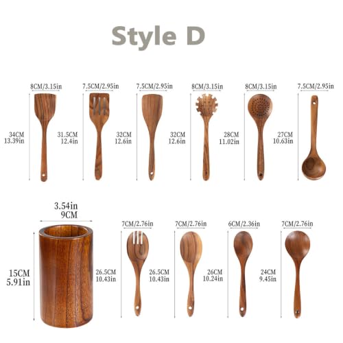 11 Pcs Acacia Wood Kitchen Utensils Set with Storage Holder, Handcrafted Natural Wooden Cooking Tools, Gentle for Non-Stick Cookware, Farmhouse Kitchen Decor & Ideal Housewarming Gift Style-D