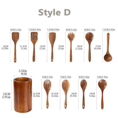 11 Pcs Acacia Wood Kitchen Utensils Set with Storage Holder, Handcrafted Natural Wooden Cooking Tools, Gentle for Non-Stick Cookware, Farmhouse Kitchen Decor & Ideal Housewarming Gift Style-D