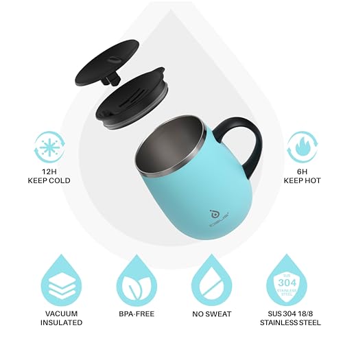 Ideus 16 oz Insulated Coffee Mug with Handle and Lid, Double Wall Stainless Steel Vacuum Thermal Coffee Mug, Travel Coffee Cup Thermal Cup for Home and Office (Sky Blue, FUJI DAWN) - color: Sky Blue