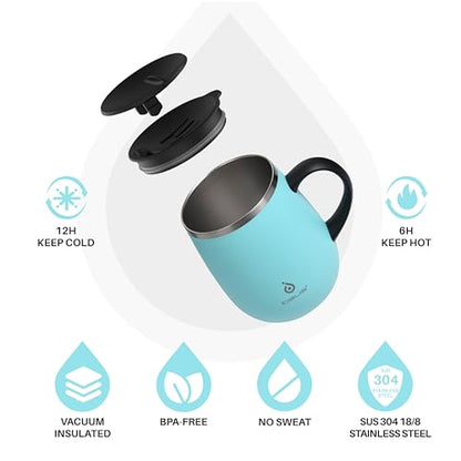 Ideus 16 oz Insulated Coffee Mug with Handle and Lid, Double Wall Stainless Steel Vacuum Thermal Coffee Mug, Travel Coffee Cup Thermal Cup for Home and Office (Sky Blue, FUJI DAWN) - color: Sky Blue