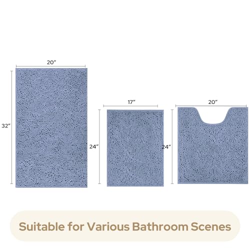 HOMEIDEAS 3 Pieces Bathroom Rugs, Ultra Soft Non Slip Absorbent Chenille Toilet Bath Mat Set (Grey Blue) - color: Grey-blue, size: 17"x24"+20"x32"+U Shape 20"x24"