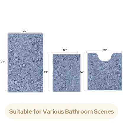 HOMEIDEAS 3 Pieces Bathroom Rugs, Ultra Soft Non Slip Absorbent Chenille Toilet Bath Mat Set (Grey Blue) - color: Grey-blue, size: 17"x24"+20"x32"+U Shape 20"x24"
