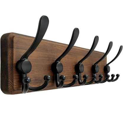 Coat Rack Wall Mounted - 5 Tri Hooks, Heavy Duty, Wooden Wall Coat Hanger Coat Hook for Clothes Hat Jacket Clothing, Natural & Black - color: Natural & Black, size: L=17.4"