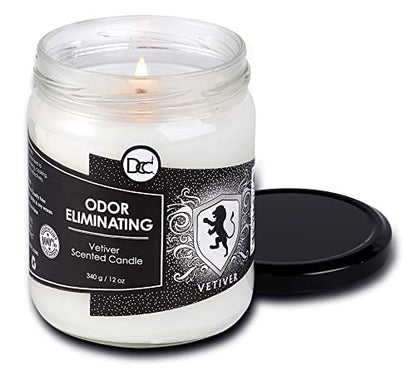 Vetiver Odor Eliminating Highly Fragranced Candle - Eliminates 95% of Pet, Smoke, Food, and Other Smells Quickly - Up to 80 Hour Burn time - 12 Ounce Premium Soy Blend - color: Vetiver Scented Candle