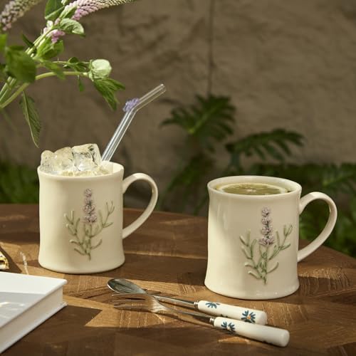 Artisanal Handcrafted Ceramic Mug with Sage Botanical Design - 10oz Off-White Stoneware Coffee Cup, Elegant Purple Sage Pattern, Dishwasher Safe, Comfort Grip Handle for Daily Use - color: Sage-1 Pack
