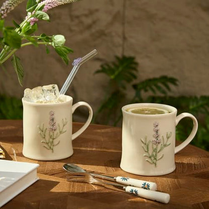 Artisanal Handcrafted Ceramic Mug with Sage Botanical Design - 10oz Off-White Stoneware Coffee Cup, Elegant Purple Sage Pattern, Dishwasher Safe, Comfort Grip Handle for Daily Use-4pack - color: Sage-4 Pack