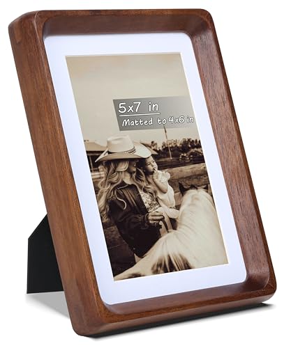 5x7 Picture Frame with Mat for 4x6, USA-Sourced Natural Walnut Wood Handcrafted Rounded Corner with Real Glass, Vertical or Horizontal Display Photo Gallery Wall & Tabletop Frame - color: Walnut, size: 5x7 Matted to 4x6