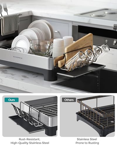 SONGMICS Dish Drying Rack, Premium Stainless Steel Dish Rack with Rotatable Spout, Fingerprint-Resistant Dish Drainers for Kitchen Counter, 12.5 x 22.5 in, Silver and Black UKCS030B01 - color: Silver + Black, size: 12.5"D x 22.5"W x 9.7"H