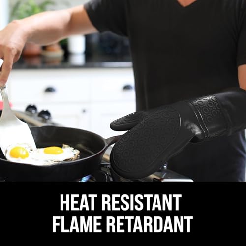 BPA-Free Silicone Oven Mitts Ultra Heat Resistant up to 500°F - Oven Mitts with Thick Cotton Liner - Long Slip Resistant Pot Holders, Flexible Oven Gloves - Black 14.7 - color: Black, size: 2-Piece 14.7" Oven Mitts