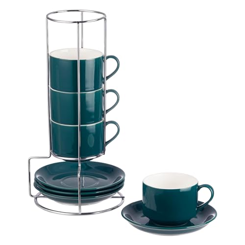 8oz Porcelain Cappuccino Cups with Saucers and Metal Stand, Stackable Coffee Cups for Specialty Coffee Drinks, Cappuccino, Latte, Espresso, Americano and Tea - Cups Set of 4, Green - color: Green, size: 8oz