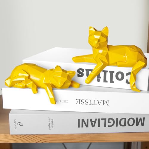 Bookshelf Decor Cat Statue, Modern Geometric Cat Figurines Set of 2 | Animal Sculptures for Living Room Office Shelves Coffee Table Desk Decor – Minimalist Home Gift (Yellow) - color: Yellow