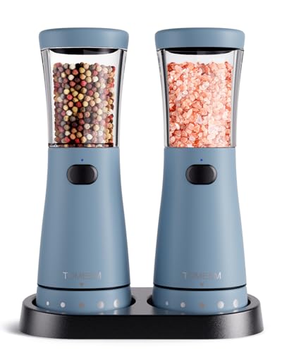 Electric Salt and Pepper Grinder Set with Storage Base, Stainless Steel Rechargeable Salt and Pepper Grinder Set with 4.5 oz Large Capacity, 1.8" Wide Mouth, Adjustable Coarseness, Ideal for Kitchen - color: Blue