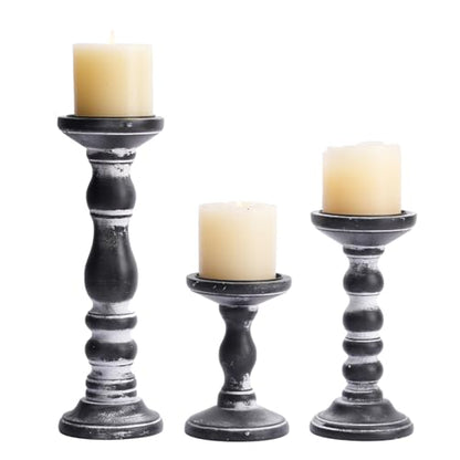 Romadedi Black and Gray Distressed Wood Pillar Candle Holders, Set of 3 | Rustic Farmhouse Wood Candle Set for Mantel, Dining Table Centerpiece, Entryway, Shelf. - color: Black