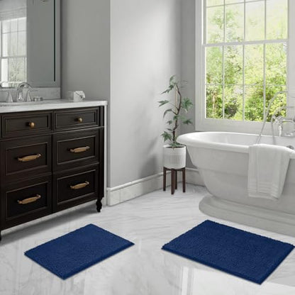 LINLA Bathroom Rugs Sets 2 Piece, Absorbent Chenille Bath Mat, Navy Blue | Non-Slip ,Quick Dry, Washable, Carpet Mats for Floor, Tub and Shower,32" x 20"/24" x 17" - color: Navy Blue
