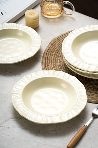 8.6" Ceramic Wide Rim Soup Bowls Set of 4, Cream Color Embossed | Italian-Inspired Floral Embossed Design with Matte Finish, Microwave & Dishwasher Safe, Ideal for Pasta, Salad, Soup and More