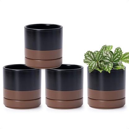 D'vine Dev 4-Pack Ceramic Pots with Saucers, Black/Tan, 4.7 in, 94-X-B-7 | Glazed Ceramic, Drainage Hole and Saucer, Sleek Cylinder Shape, High Temperature Fired, Ideal for Small Houseplants - color: Black/Speckled Tan, size: 4.7 Inch