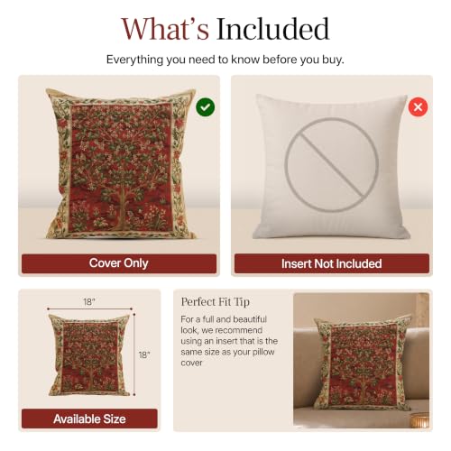 William Morris Tree of Life Red I Tapestry Throw Pillow Cover 18 x 18 in - color: Brown,cream,green,red,beige