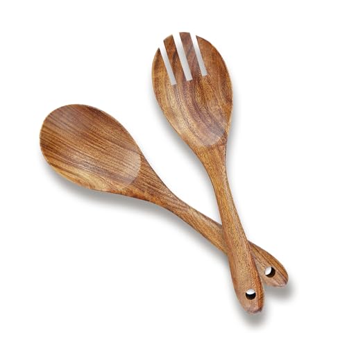 AOOSY Wooden Salad Tongs,10.2 In Acacia Wood Salad Servers,Set of 2 | Salad Fork and Salad Spoon for Serving,Mixing,Cooking,Long Handle Salad Server Set - size: 10.2inch