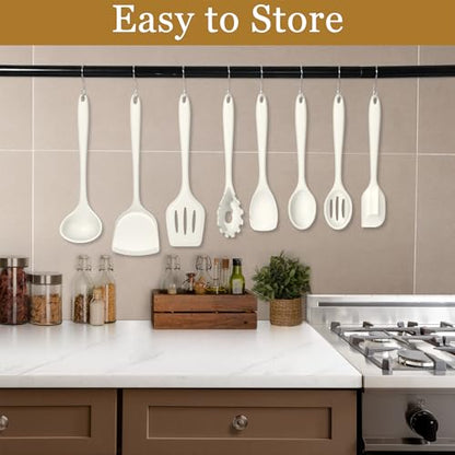 LIANYU 8Pcs Kitchen Cooking Utensils Set, Nonstick Silicone Utensil Sets | Heat Resistant Kitchen Gadgets Essentials for Nonstick Cookware, with Spatula, Spoon, Tuner, Ladle, Dishwasher Safe, White - color: White