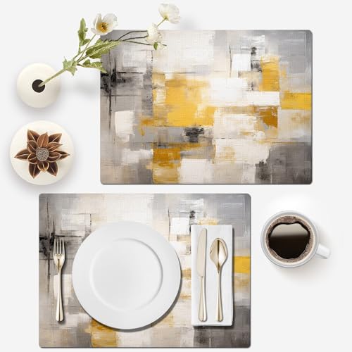 Mcalk Yellow Table Runner and Placemats Set of 6, Abstract Grey Placemats, Modern Cloth Place Mats Indoor for Kitchen,Washable Linen Material for Dining Table - color: 01yellow1