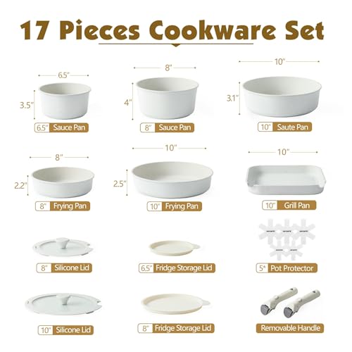 SENSARTE 17 Piece Nonstick Detachable Handle Pots and Pans Set White | Removable Handle Cookware Set, Induction Cookware Set with Removable Handle, Healthy Non Stick for RV, Dishwasher ＆ Oven Safe - color: White, size: 17 Piece