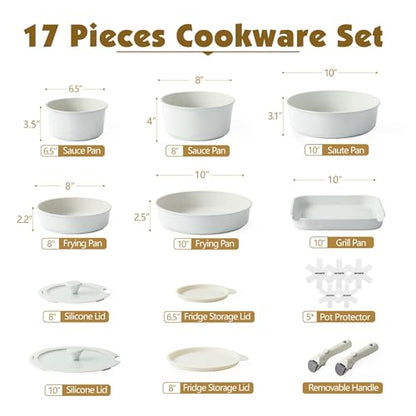 SENSARTE 17 Piece Nonstick Detachable Handle Pots and Pans Set White | Removable Handle Cookware Set, Induction Cookware Set with Removable Handle, Healthy Non Stick for RV, Dishwasher ＆ Oven Safe - color: White, size: 17 Piece