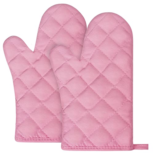 AUAUY Pink Oven Mitts, 1 Pair Kitchen Mittens, 392°F Heat Resistant Oven Gloves Non-Slip Kitchen Gloves for Oven, BBQ Gloves-Oven Mitts Infill Cotton Cooking Gloves for Oven Grilling Cooking Baking - color: Pink