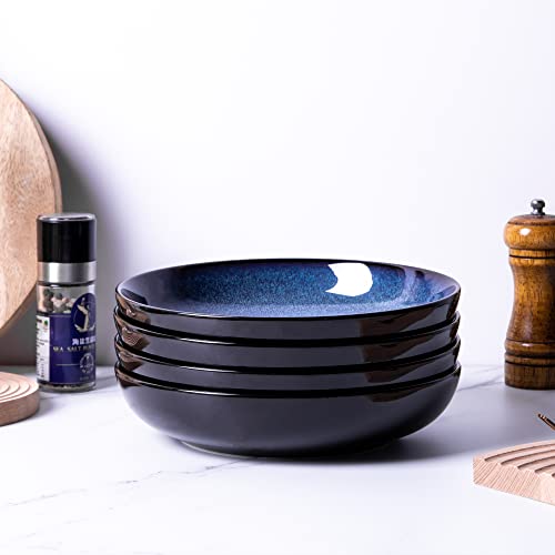 LERATIO 9.0" Ceramic Pasta Bowls Set of 6,38oz Large Stoneware Bowls Set | Reactive Glaze Serving Bowls Set,Wide Bowl for Pasta,Salad,Fruit & Noodles,Housewarming & Wedding Gift - color: Blue, size: Set of 6