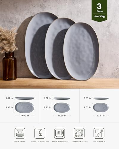 famiware Serving Platter, Oval 15.59/14.3/12.9 inch Serving Dishes for Entertaining, Serving Bowls, Microwave Safe, Fine Stonware Serving Trays for Party, Turkey, Cheese, Ocean Series, Dark Grey - color: Dark Gray