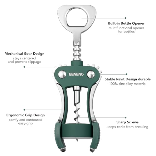 Beneno Wine Opener, Premium Wing Corkscrew Wine Bottle Opener, Dark Green | Durable Solid Zinc Alloy Body, Precise Sharp-Edged Screw, Ergonomic Non-Slip Grip Wing Handle, Multifunctional Bottle Openers - color: Dark Green