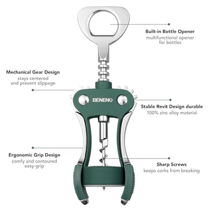 Beneno Wine Opener, Premium Wing Corkscrew Wine Bottle Opener, Dark Green | Durable Solid Zinc Alloy Body, Precise Sharp-Edged Screw, Ergonomic Non-Slip Grip Wing Handle, Multifunctional Bottle Openers - color: Dark Green
