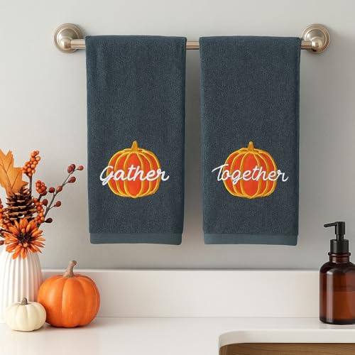Thanksgiving Fall Harvest Embroidered Guest Fingertip Towels: Orange Gold White Gather Together Pumpkin on Plush Grey Gray, 2 Piece Set, 12" x 18" Inch Oeko-TEX Certified - color: Gather