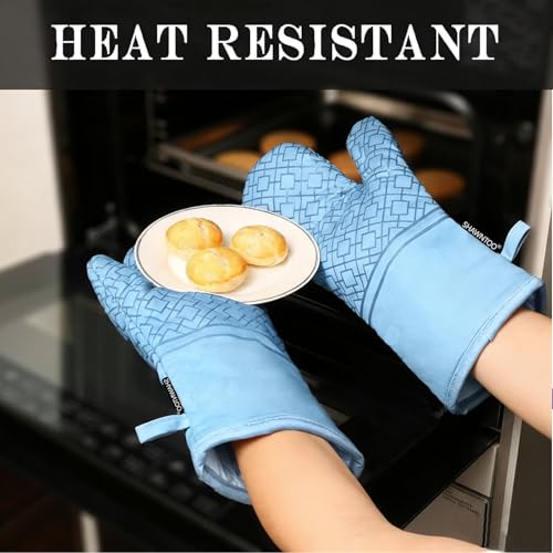 Oven Mitts and Pot Holders Sets 6pcs, Kitchen Oven Glove,High Heat Resistant 550 Degree Extra Long Oven Mitts and Potholders with Non-Slip Silicone Surface for Home Essentials (Grey) (Fog Blue) - color: Fog Blue