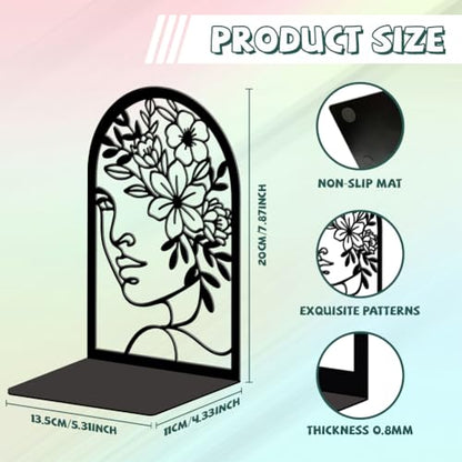 5.3"x4.3"x7.9" Metal Bookends, Heavy Duty Book Ends for Shelves | Lines Flowers With Faces Theme Cast Iron Book Supports, 1 Pair Decor Stoppers for Desk, Library, Office & Home Shelves - style: Lines Flowers With Faces
