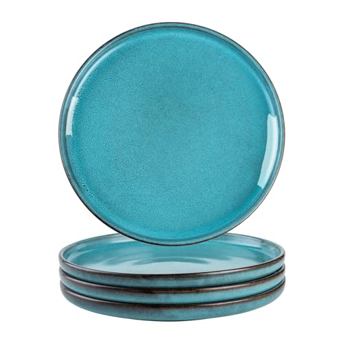 Henten Home 10 Inch Ceramic Dinner Plates, Porcelain Pasta Plates Set of 4, Fluted Round Plates for Kitchen, Steak, Salad Stonware Dishes, Scratch Resistant, Dishwasher & Microwave Safe (Aqua) - color: Aqua, size: 10 inch