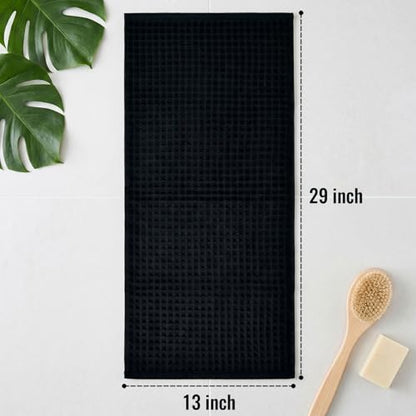 Jacquotha Black Waffle Cotton Hand Towels Set of 2 – Quick Dry, Low Lint | Towels for Bathroom, Kitchen & Daily Life, 13" x 29" - color: Black