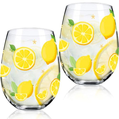 Sliner 2 Pack Lemon Stemless Wine Glasses 17oz Lemon Drinking Glasses Clear Stemless Wine Tumbler Unique Gift for Wedding, Mother's Day Birthday Drinking Party - style: Lemon