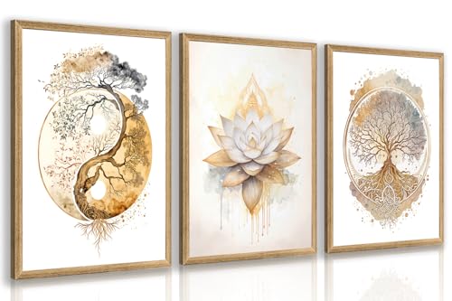 GELDSTEI Wood Framed Tree of Life Spiritual Wall Art Set of 3, 16x24 in | Yin Yang Lotus Design Yoga Wall Decor, Peaceful Meditation Decor Gift for Home, Yoga Studio and Spa - color: White-Gold(Wood), size: 24"L x 16"W