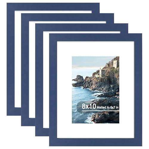 Hongkee 8x10 Picture Frame (4 Pack, Blue) Made of Real Glass and Wooden Frame - Display Pictures 5x7 with Mat or 8x10 Without Mat, 8 by 10 Photo Frames TableTop Display and Wall Mounting - color: Blue, size: 8x10 in