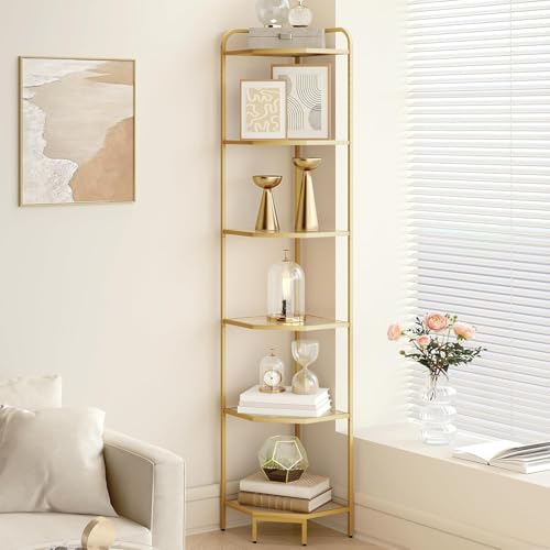 Hzuaneri Corner Shelf Stand, 6-Tier Glass Bookshelf Bookcase, Plant Stand | Bathroom Organizer Steel Frame, Tempered Glass, Modern Style for Living Room, Bathroom, Kitchen, Gold CS90600G - color: Gold, size: 6 Tier