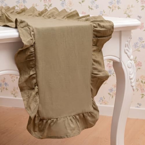 HunnmingRe Khaki Ruffled Table Runner 118 Inch Scalloped Tablecloth Cotton Flounces Washable Home Farmhouse Rustic Kitchen Decor for Rectangle Table Thanksgiving Christmas Party Wedding - color: Beige, size: 14 x 118 Inch