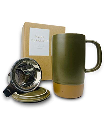 Mora Ceramics Large Tea Mug with Loose Leaf Infuser and Ceramic Lid, 18 oz, Portable, Microwave and Dishwasher Safe, Tall Coffee Cup - Rustic Matte Ceramic Glaze, Modern Herbal Tea Strainer, Olive - color: Olive