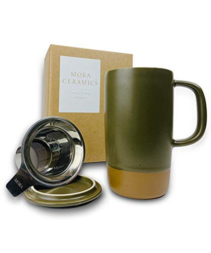 Mora Ceramics Large Tea Mug with Loose Leaf Infuser and Ceramic Lid, 18 oz, Portable, Microwave and Dishwasher Safe, Tall Coffee Cup - Rustic Matte Ceramic Glaze, Modern Herbal Tea Strainer, Olive - color: Olive