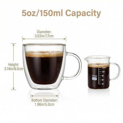 Double Wall Glass Coffee Mugs 5oz / 150ml, Set of 2 Insulated Mugs with Handles, Stylish Tazas de Cafe Con Estilo