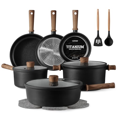 CAROTE 16pcs Pots and Pans Set, Nonstick Cookware Sets | Titanium Reinforced Coating, Scratch-Resistant, Easy to Clean, Even Heating, Induction Compatible, with Frying Pans Set - color: Black, size: 16 PCS